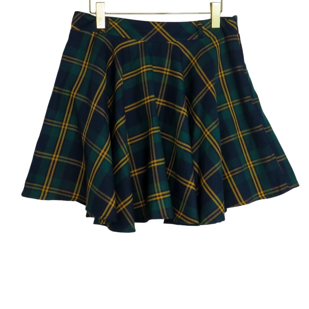 Cider Navy Green & Yellow Plaid Flared Mini Skirt Preppy 30" School Girl - Picture 3 of 5